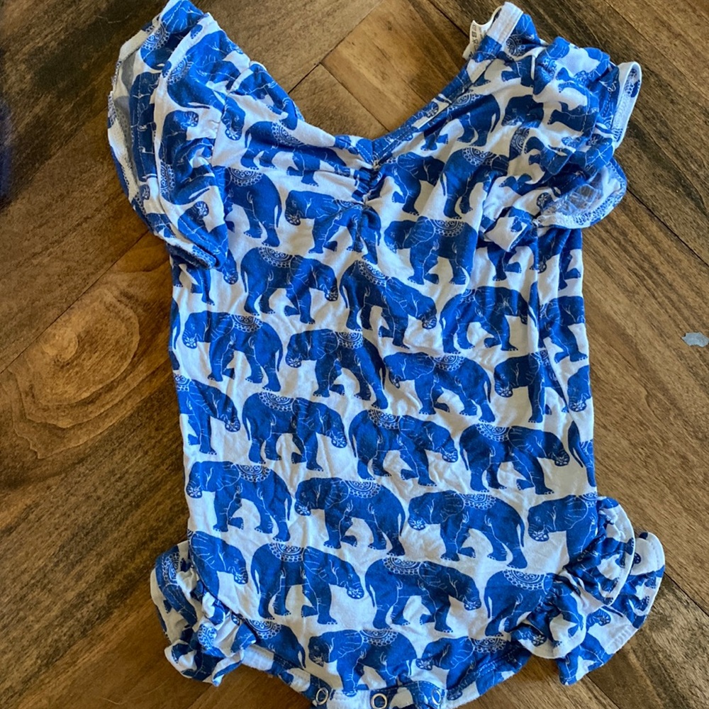 Blue Kate Quinn elephant batik ruffle onesie 12-18m excellent cond